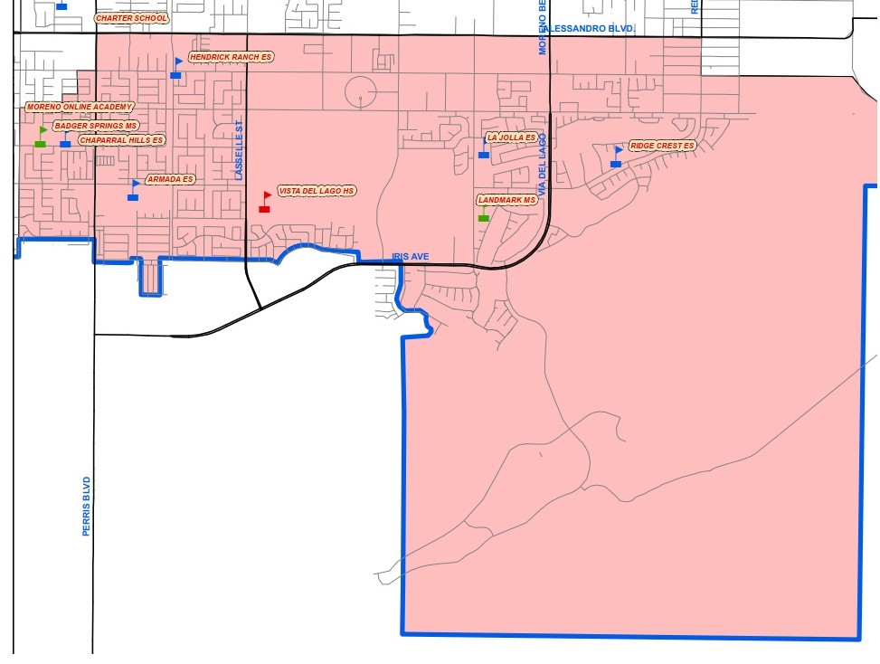 Map of MVUSD Trustee Area 3, showing school locations and boundary lines